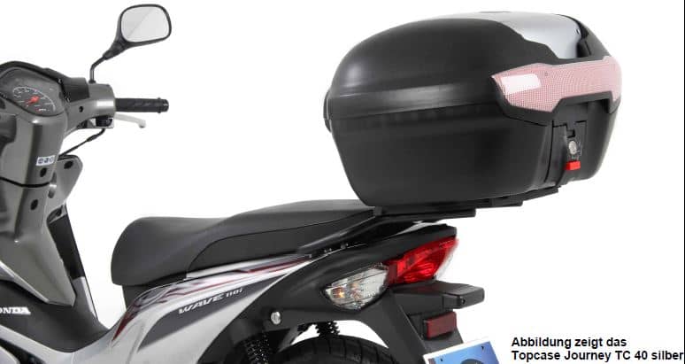 Journey Topcase 40 schwarz-silber inkl. modellspezifischem, schwarzem Träger im Komplettset für Honda Wave 110 i